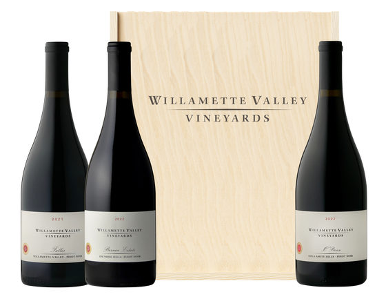 Founders Collection - Three Willamette Valley Vineyards bottles presented in a wood box