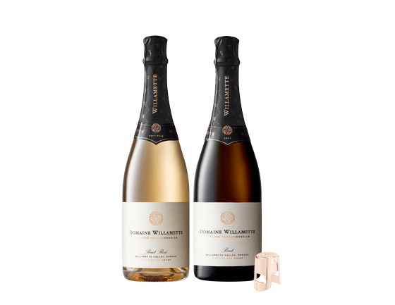 Sparkling Duet - Two Domaine Willamette Sparkling Wines and a Domaine Willamette branded sparkling wine stopper. 